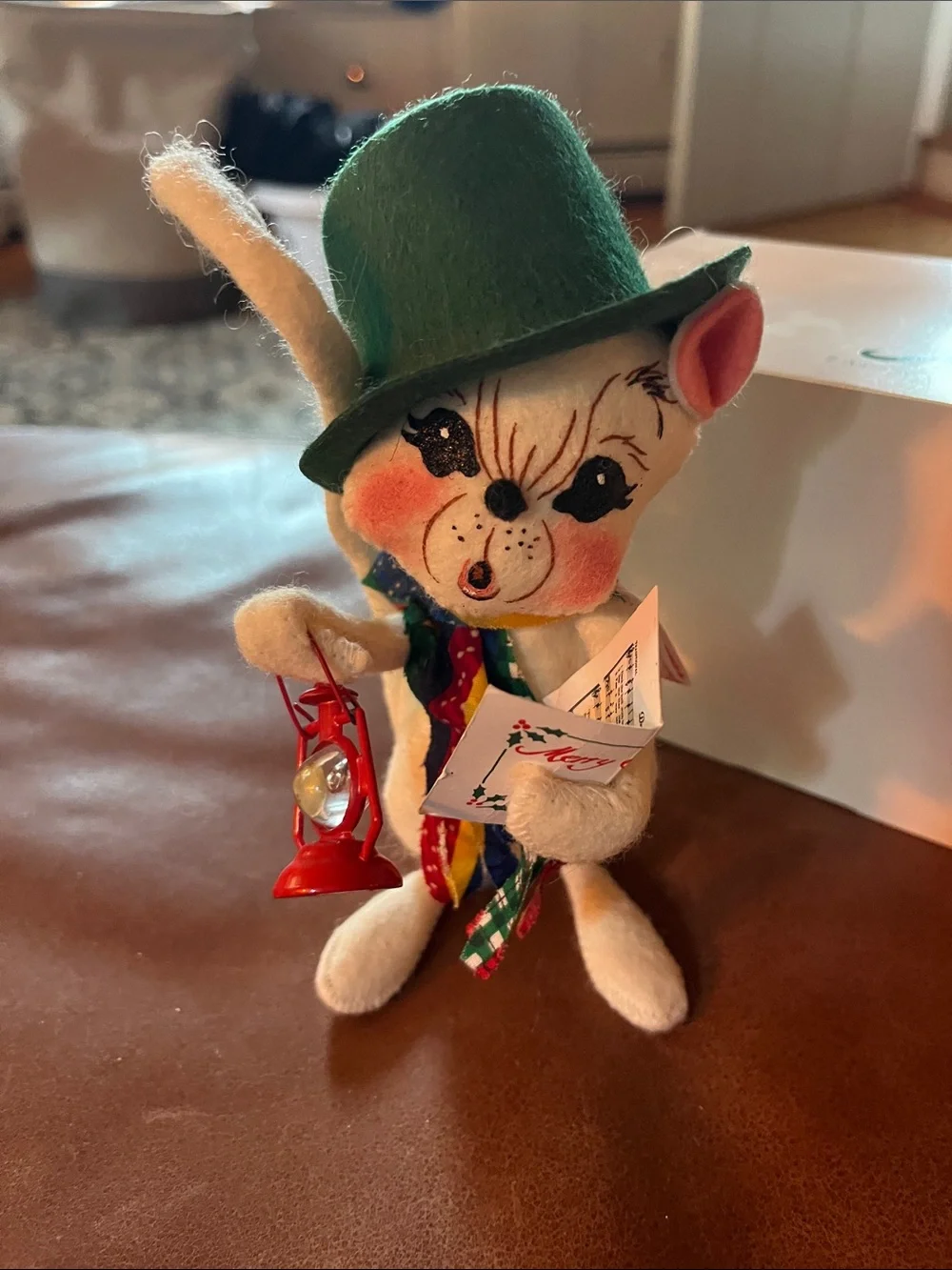 Annalee Cream Cat Doll with Green Hat and Red Lantern